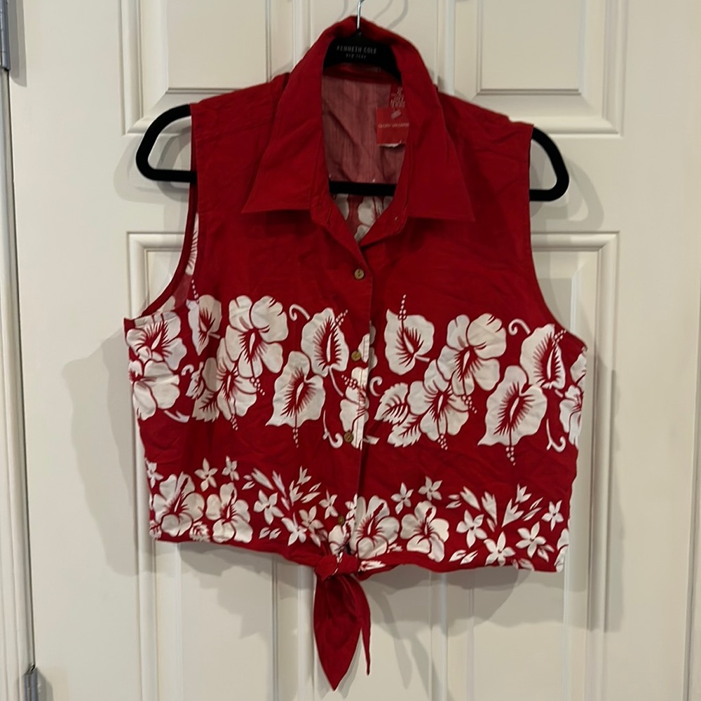 Vintage Gloria Vanderbilt Red Hawaiian Shirt Tie Crop Top Size XL